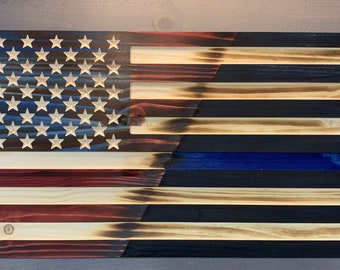 Thin Blue line & Rustic American Flag Combo wooden flag. Back the Blue, American Patriot Wood Flag