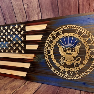 United States Navy & Rustic American flag custom made from pine.“Official Crafter of the Navy; License number HOB-NTLPO-WALLCT01”
