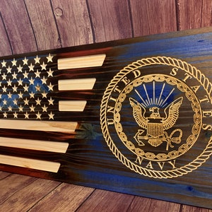 Rustic American Flag with US Navy Seal - Pine Wood Wall Decor