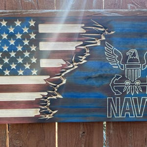 United States Navy & Rustic American flag custom made from pine.“Official Crafter of the Navy; License number HOB-NTLPO-WALLCT01”