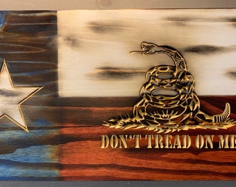 Rustic Burnt Wood Texas Gadsden Flag: Don't Tread On Me