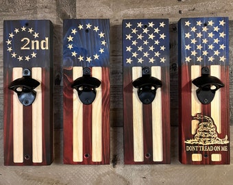 Custom Made Rustic Wooden American Flag Bottle Opener - Made in America by our Small Business - Beautifully Crafted Multiple Styles