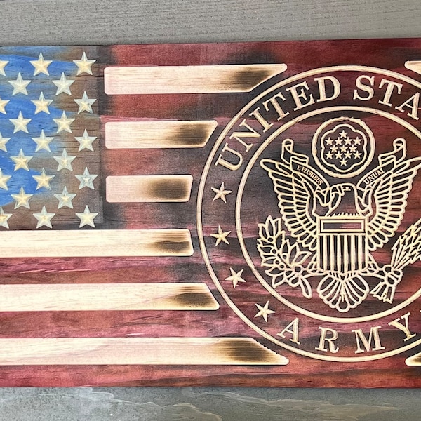 Rustic United States Army flag custom made from pine wood. Wood Army flag is 100% made in America. Officially licensed by the US Army