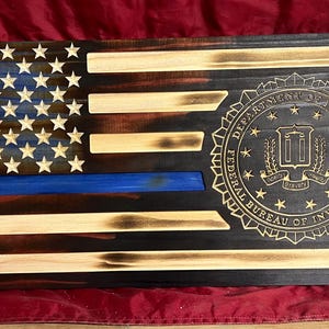 Rustic United States FBI Thin Blue Line flag custom made -  Wooden FBI flag - Wood tbl FBI Flag