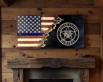 Rustic Wood Flag U.S. Marshal - thin blue line - Customizeable - add name, rank, dates and more.