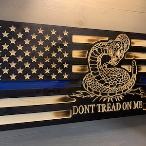 Back the Blue | Blue line |Alternative Don’t tread on Me American Wood flag custom made multiple sizes made from pine. Buy with confidence