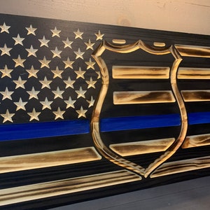Thin Blue Line Wooden American Flag with Police Badge