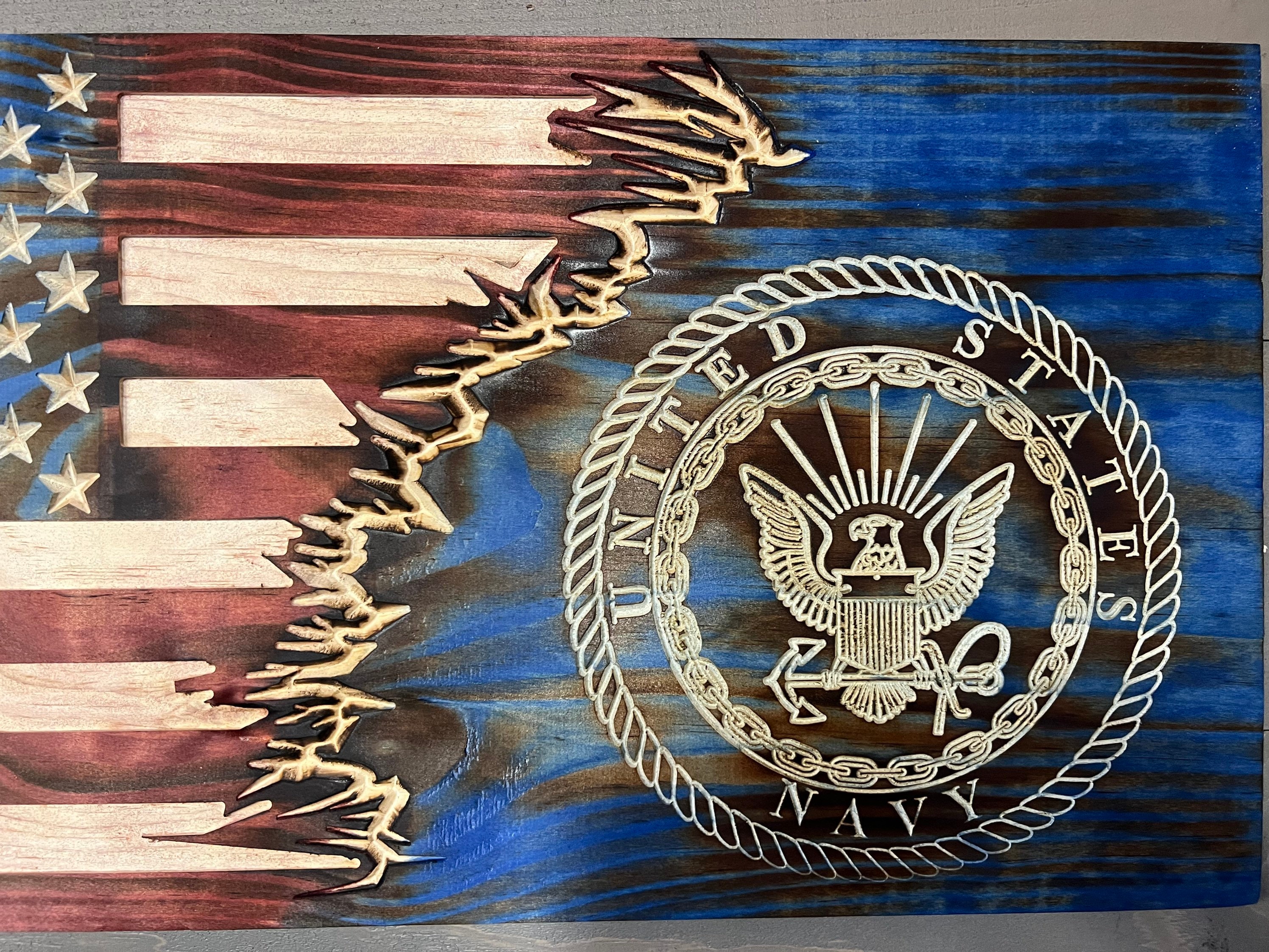 Rustic Wooden United States Navy Wooden Flag: Torn American Flag