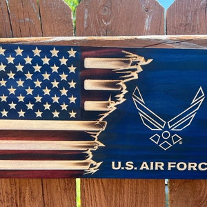United States Air Force Rustic Ripped half Blue American flag custom made from pine 100% Made in America wooden Air Force flag