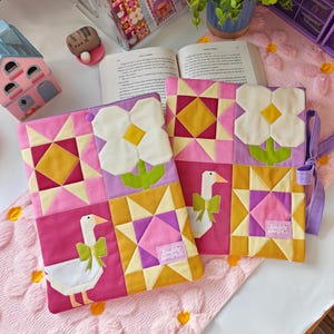 Cottagecore Book Sleeve with Whole Cloth Quilted Patchwork and Snap Enclosure
