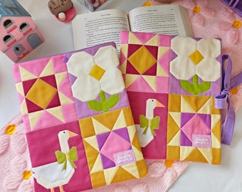 Cottagecore Book Sleeve with Whole Cloth Quilted Patchwork and Snap Enclosure