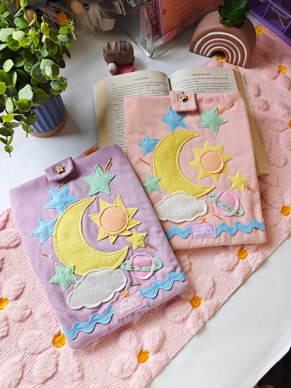 Pastel Book Sleeve With Moon and Stars | Corduroy Padded Book Pouch