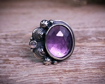 Anillo de plata de ley con amatista y piedra lunar gris, talla 6,25-6,5 // Anillo artesanal OOAK para mujer