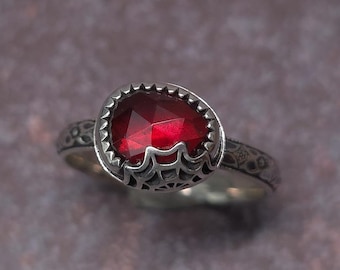 Garnet Spider Web Halloween Silver Ring Size 7.5 // Unique Spooky Silver Women&#39;s Jewelry
