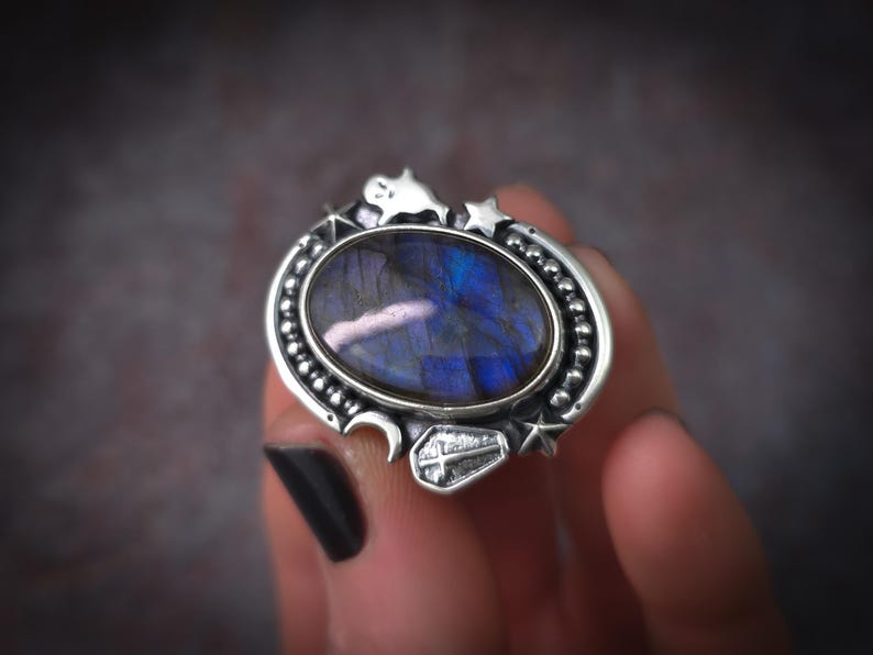 Blue Labradorite Halloween Ghost and Coffin Moon Stars Sterling Silver