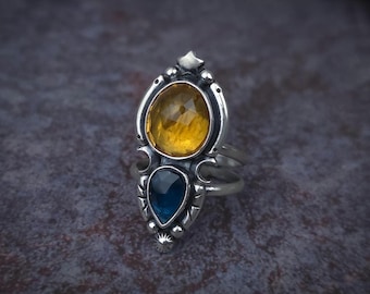 Citrine & Teal Kyanite Silver Two Stone Ring Size 7.5 // Women&#39;s Moon and Stars Ring
