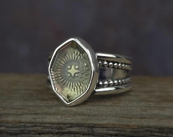 Lemon Citrine Star Silver Statement Ring Size 7 // OOAK Sterling Silver Women&#39;s Ring