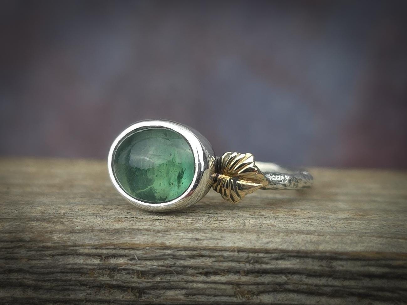 Green Moss Kyanite Silver Twig Ring with Gold Leaf Size 7.5