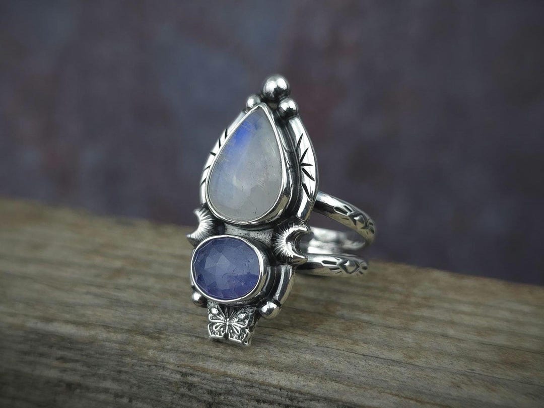 レインボー ムーンストーン & タンザナイト シルバー ツーストーン