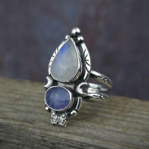 Rainbow Moonstone & Tanzanite Silver Two Stone Butterfly Statement Ring Size 10.5 // Women&#39;s OOAK Artisan Jewelry