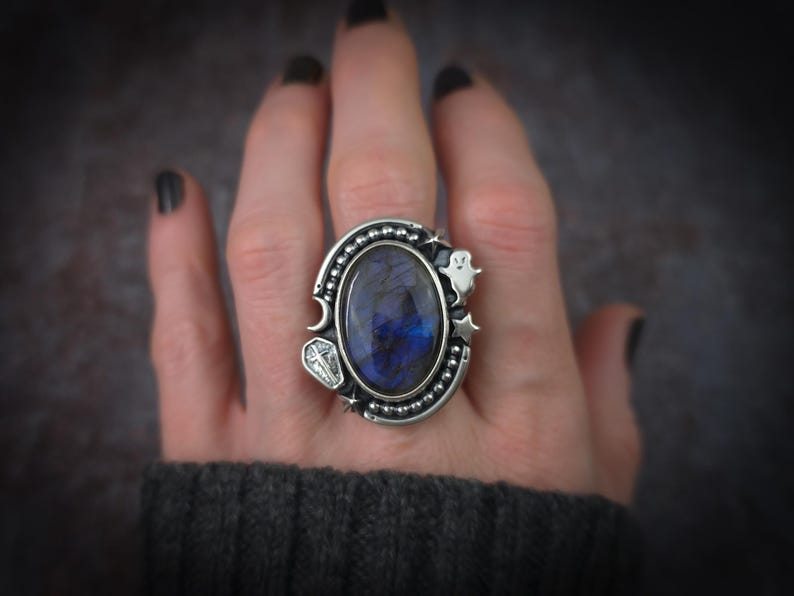 Blue Labradorite Halloween Ghost and Coffin Moon Stars Sterling Silver