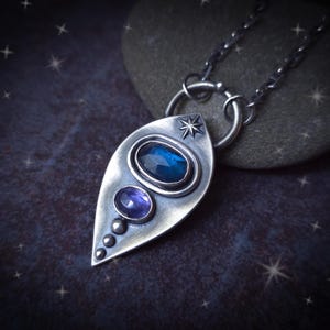 Teal Blue Kyanite & Iolite Talisman Silver Artisan Pendant Necklace OOAK 22 inch long chain Long Necklace