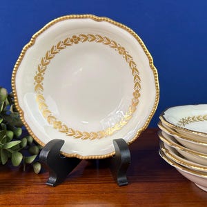 6 Vintage Dessert Bowls Castleton Laurel Pattern 1950’s Tableware Ivory and Gold