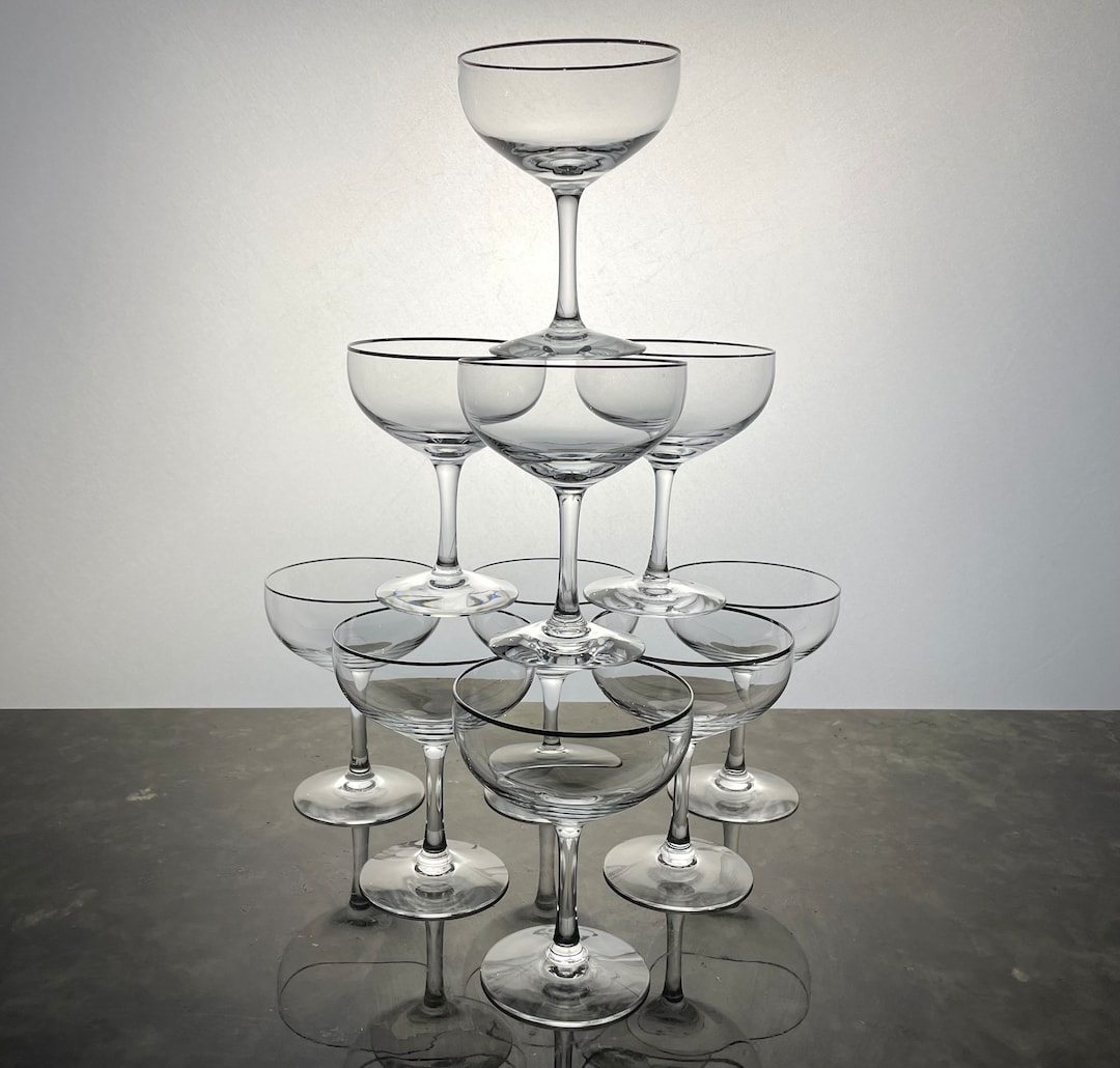 Vintage Coupe Tower Champagne Cocktail Glasses Fostoria Invitation Pattern Set of 10 Platinum