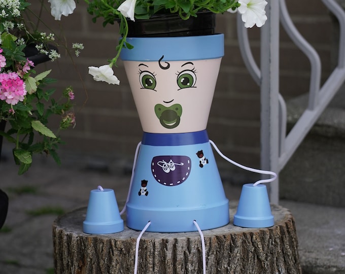 Flower pot people, BABY BOY "Christian" high quality coated metal no rust and harsh weather approved AND Free Shipping Worldwide