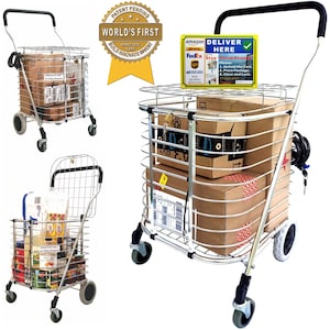 Secure Package Receiving|Prevent Porch Pirates by Fashionable Folding Utility Cart with Lid, Delivery Sign & Two Locks|Amazing Shopping Cart
