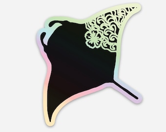Sticker holografische mantarog: zwarte golf en hibiscusdetail