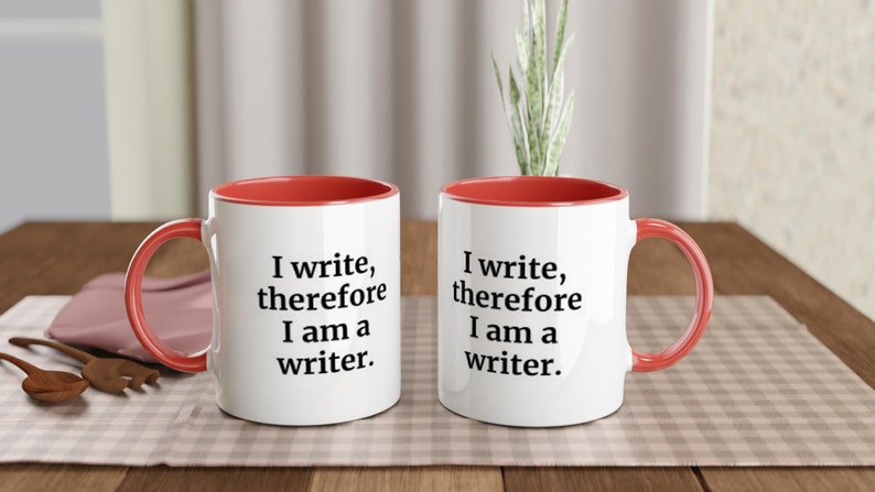 Motivational mugs for writers. White ceramic 11oz mugs with red colour inside. The perfect birthday gifts for writers!