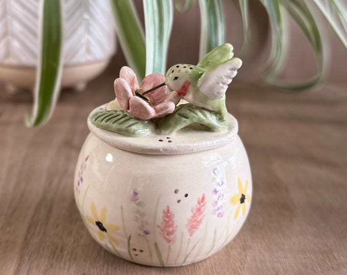 Featured listing image: ceramic hummingbird jewelry box, trinket box, ceramic animal, ceramic hummingbird, mini storage box