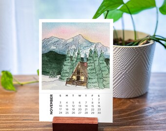 Watercolor Landscape Art Desk Calendar 2024, Watercolor Calendar, Desk Calendar 2024 With Stand, 5x7 Desk Calendar