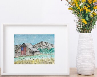 Patriotic Barn watercolor, Utah Art Print, Barn Art, boho mountain art, watercolor art, watercolor mountains