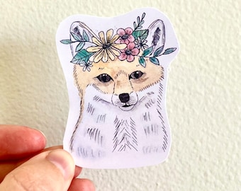 Flower crown fox art watercolor vinyl sticker, watercolor fox art decal, woodland animal art decal,  watercolor decal