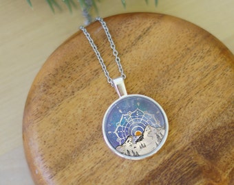 Galaxy Mandala mountain necklace / galaxy necklace / mountain necklace / Watercolor necklace / landscape necklace / original art necklace