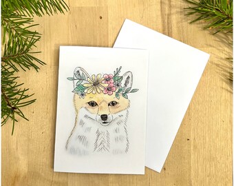 Flower Crown Fox 5.5x4.25 Watercolor Card, Blank Card, mountain card, watercolor card, Original Art Card