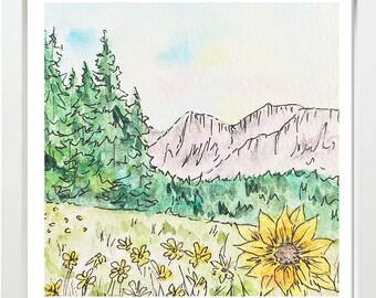 Wasatch Mountains Utah watercolor print, Utah Art Print, Cabin Art, watercolor flower art, watercolor art, watercolor mountains