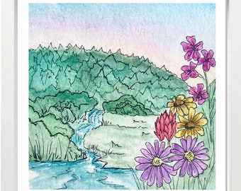 Logan Canyon Utah Waterfall mountain watercolor print, Mountain Art Print, cache valley art, Utah art, mountain art, watercolor art