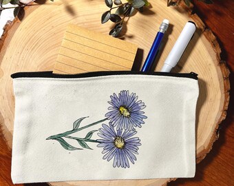 Purple Showy fleabane Flower Canvas Zipper Makeup Bags, Cosmetic Bag Pouch with Zipper, Artist Gift, Travel Art Bag, pencil pouch