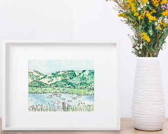 Flower Mountain stream watercolor, Utah Art Print, Circle Mountain Art, Cabin Art, boho mountain art, watercolor art, watercolor mountains