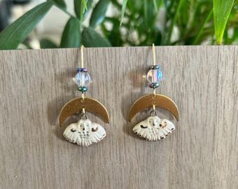 Ceramic owl moon drop earrings / ceramic jewelry / ceramic earrings / owl earrings / handmade earrings / hypoallergenic