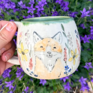 Ceramic handmade woodland fox flower mug 8oz, woodland mug, ceramic mug, handmade mug, pottery mug, coffee mug, tea mug, artwork mug