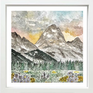 Grand Teton Mountains Aquarell Druck, Nationalpark, Wyoming, Berge, Landschaft, Kunst, Tinte und Aquarell, Aquarell Druck