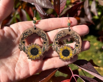 Sunflower wreath walnut Wood Earrings dangle | Gift for mountain lovers | Dangle Earrings  | wearable art earrings