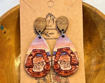 Watercolor wood Arches National Park mountain Earrings dangle | Gift for mountain lovers | National Park earrings | wearable art