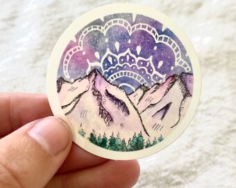 Mandala galaxy mountain art watercolor sticker, mountain art decal, watercolor decal, mountain sticker, galaxy mountain decal
