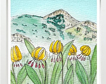 Cherry Peak Utah Glacier Lily watercolor print, landscape Art Print, Utah art, flower art, watercolor art, square art, watercolor print
