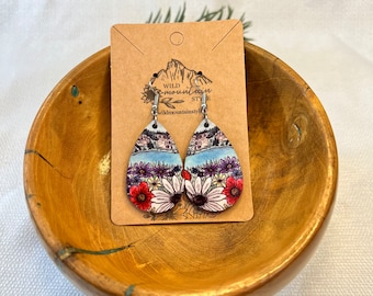 Watercolor wood Daisy wildflowers mountain Earrings dangle | Gift for mountain lovers | Teardrop Dangle Earrings  | wearable art earrings
